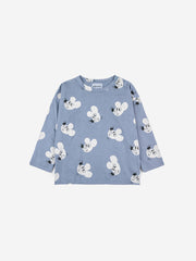 A product photograph of a long sleeve t-shirt for toddlers that is blue-gray with mouse motif all over.