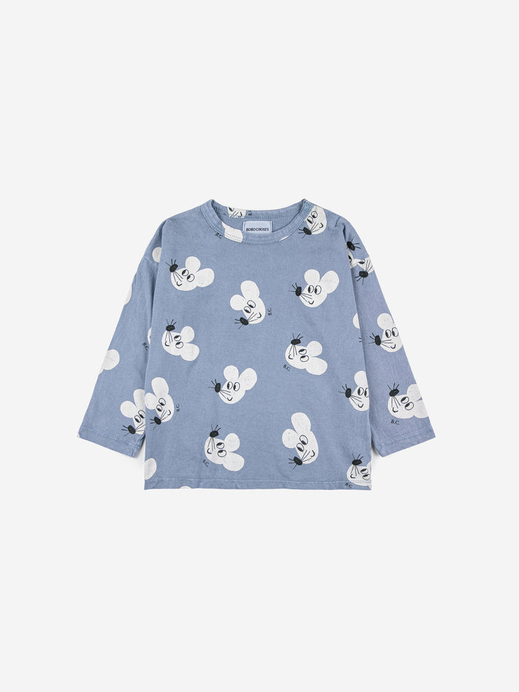 A product photograph of a long sleeve t-shirt for toddlers that is blue-gray with mouse motif all over.