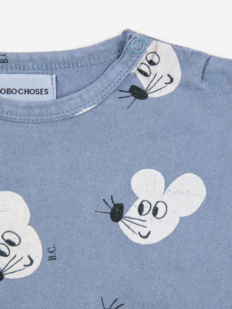 A close-up product photograph of a long sleeve t-shirt for toddlers that is blue-gray with mouse motif all over.