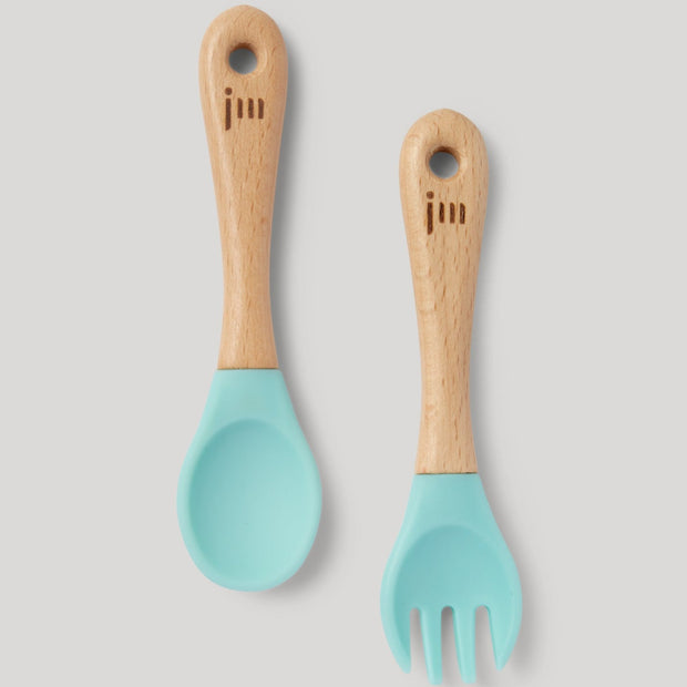 baby feeding set, blue silicon and wooden handle fork and spoon set